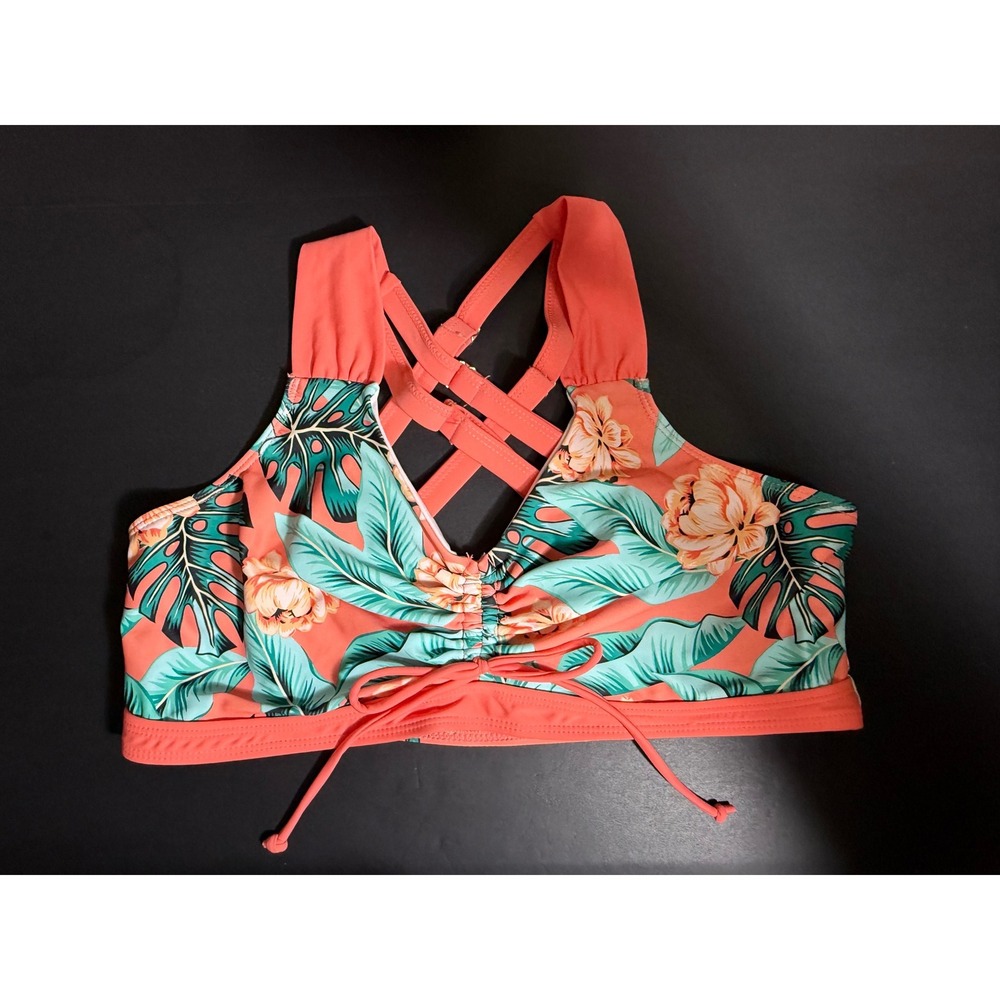 Tropical Floral Swim Skirt Bikini Set Coral Teal Ruched Strappy Back XXL